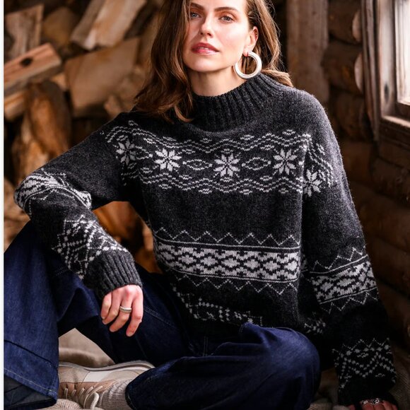 NWT Celtic & Co. Fair Isle Stripe Funnel Neck Sweater Charcoal - Picture 16 of 16